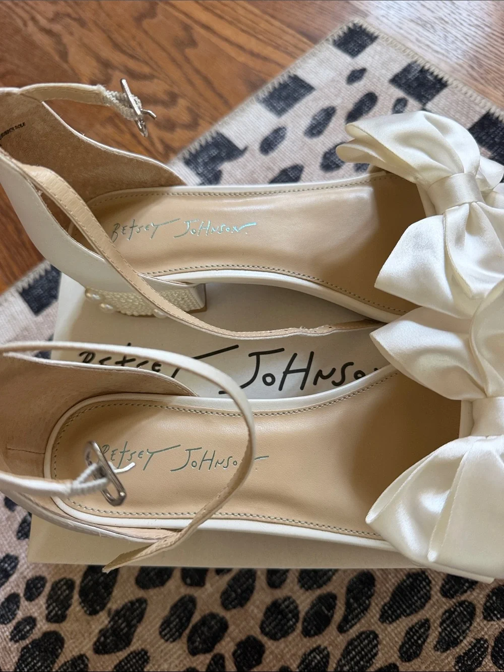 Betsey Johnson Ivory Bow Ankle-Strap Block Heel Sandals